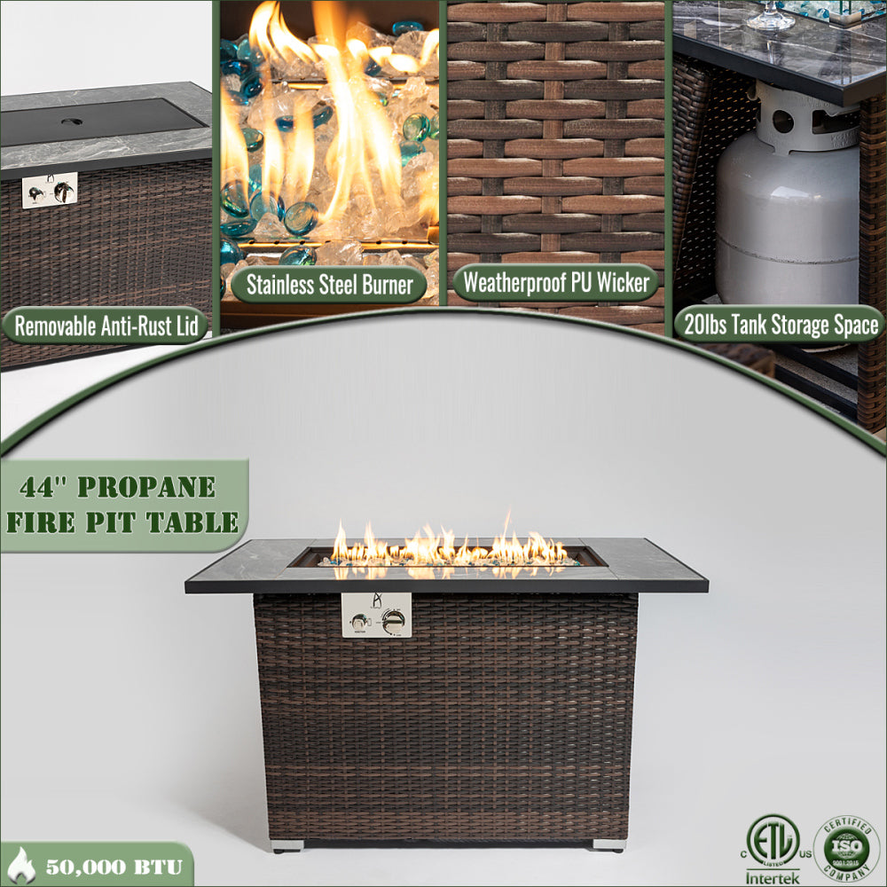 44" Propane Fire Pit Table | 50,000 BTU Rectangular Wicker Fire Table with Marble Tile Top & Glass Windscreen — Brown