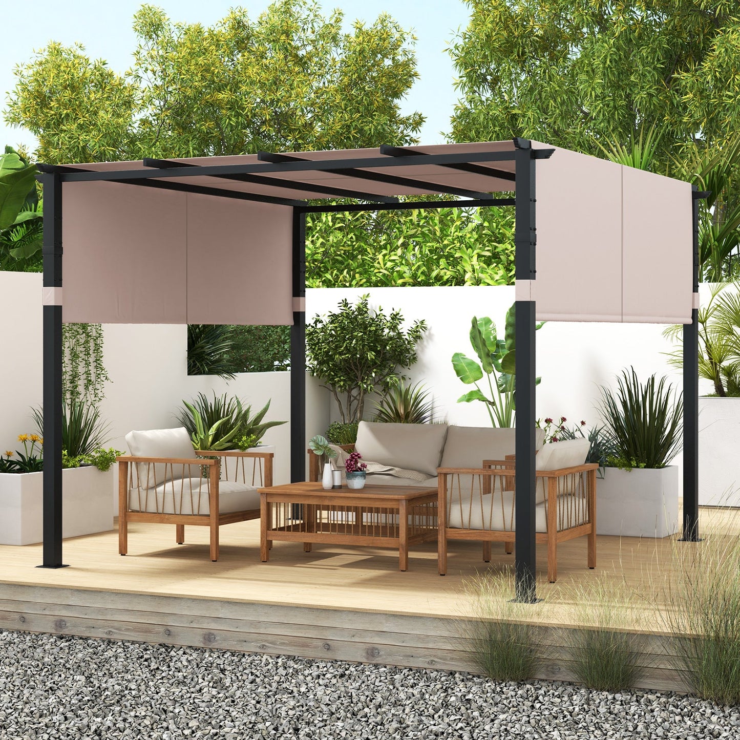 10 x 10 ft Flat Top Pergola with Retractable Canopy for Garden Pool Porch and Backyard
