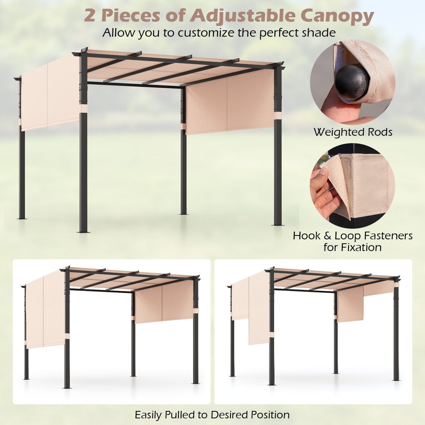 10 x 10 ft Flat Top Pergola with Retractable Canopy for Garden Pool Porch and Backyard