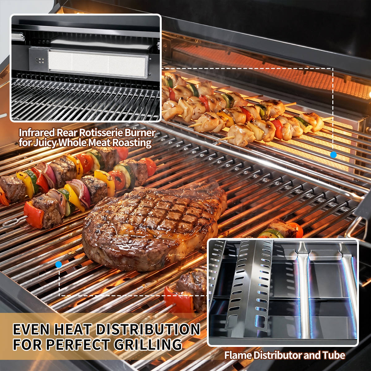 63" 6-Burner 85,000 BTU Black Outdoor Kitchen Island Grill + Marble Countertops