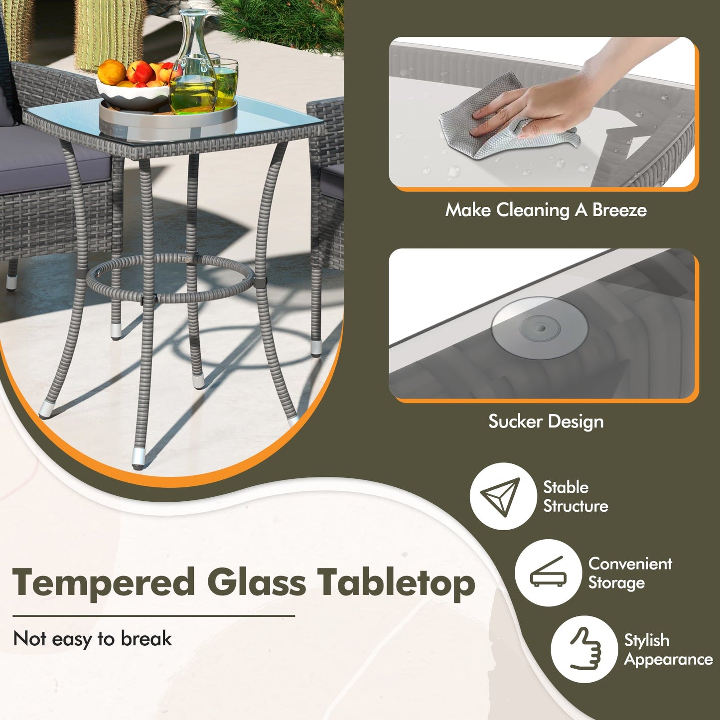 3 Pieces Patio Furniture Set with Cushioned Patio Chairs and Tempered Glass Coffee Table