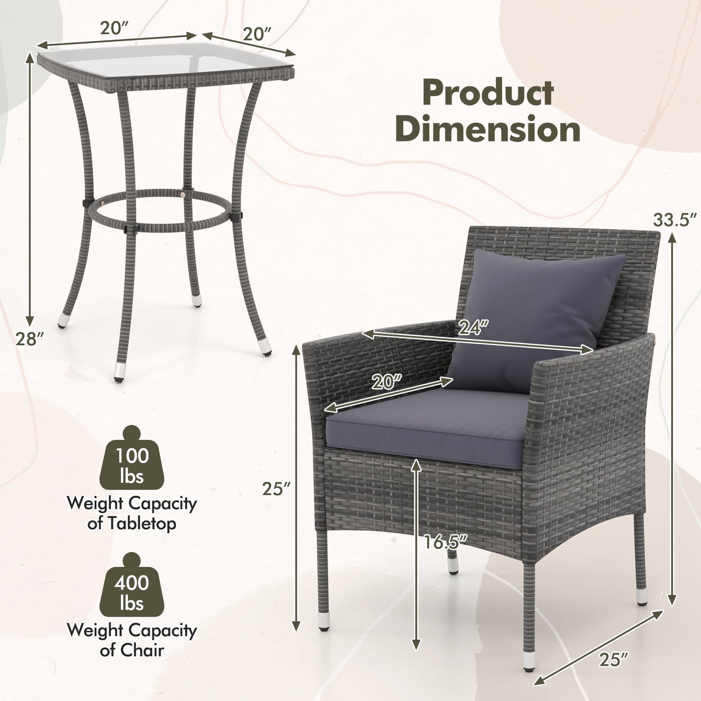 3 Pieces Patio Furniture Set with Cushioned Patio Chairs and Tempered Glass Coffee Table
