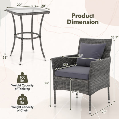 3 Pieces Patio Furniture Set with Cushioned Patio Chairs and Tempered Glass Coffee Table