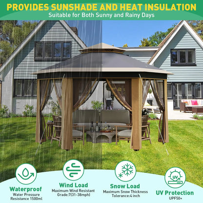 13x13 FT Pop Up Gazebo Outdoor Canopy Tent With Mosquito Netting Double Roof Heavy Duty Shelter For Patio Backyard Garden