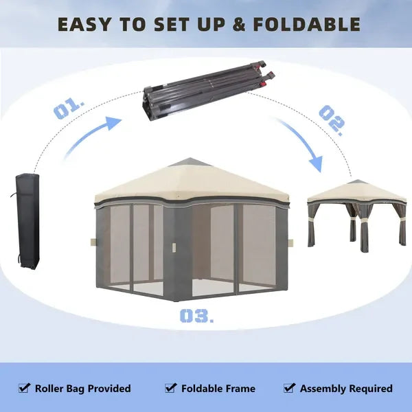 Outsunny 10x10ft Pop Up Gazebo Tent with Netting Height Adjustable Outdoor Party Shelter with Wheeled Carry Bag