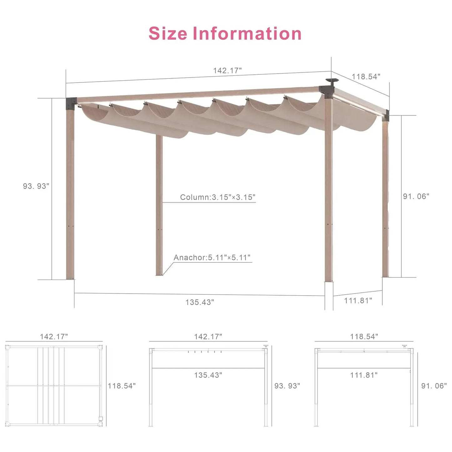 Retractable Pergola With LED Lights Aluminum Outdoor Canopy