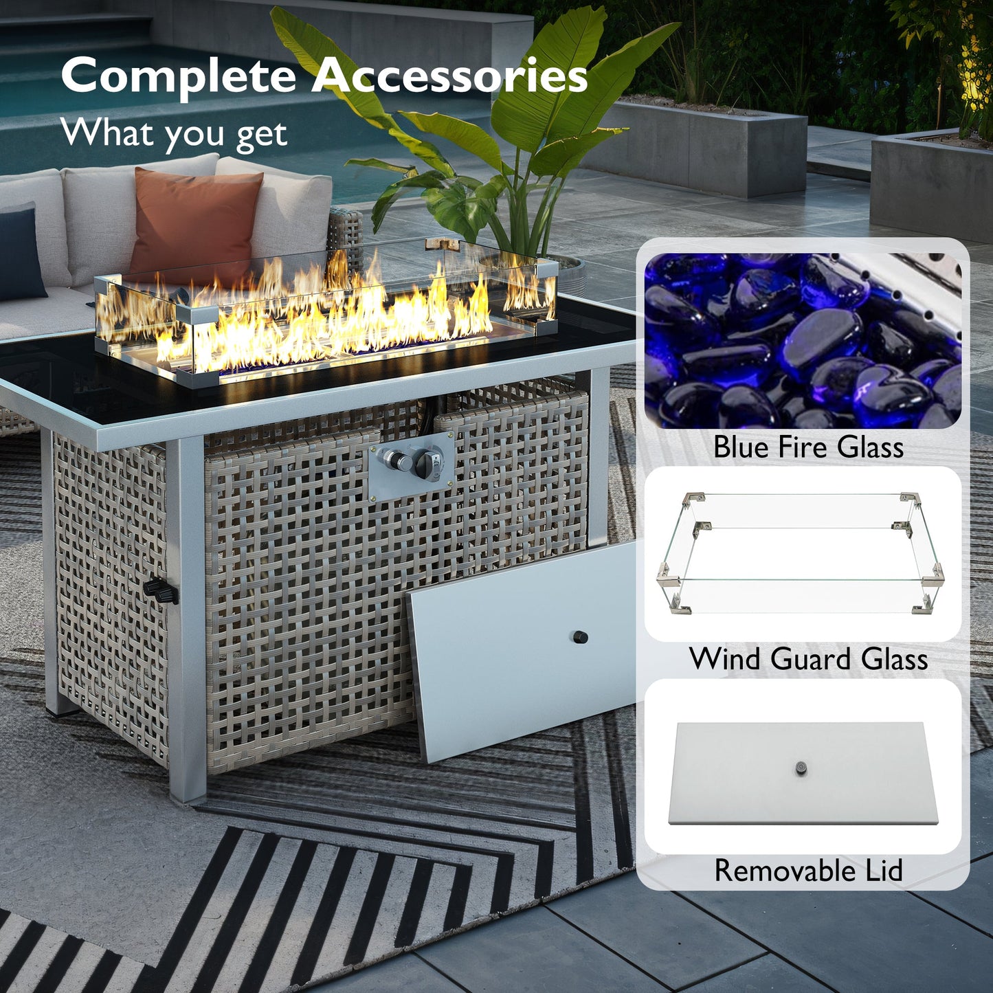 Outdoor Patio Set with Fire Pit Table Rattan Gray 8 Piece 60000 BTU