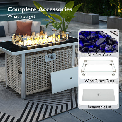Outdoor Patio Set with Fire Pit Table Rattan Gray 8 Piece 60000 BTU