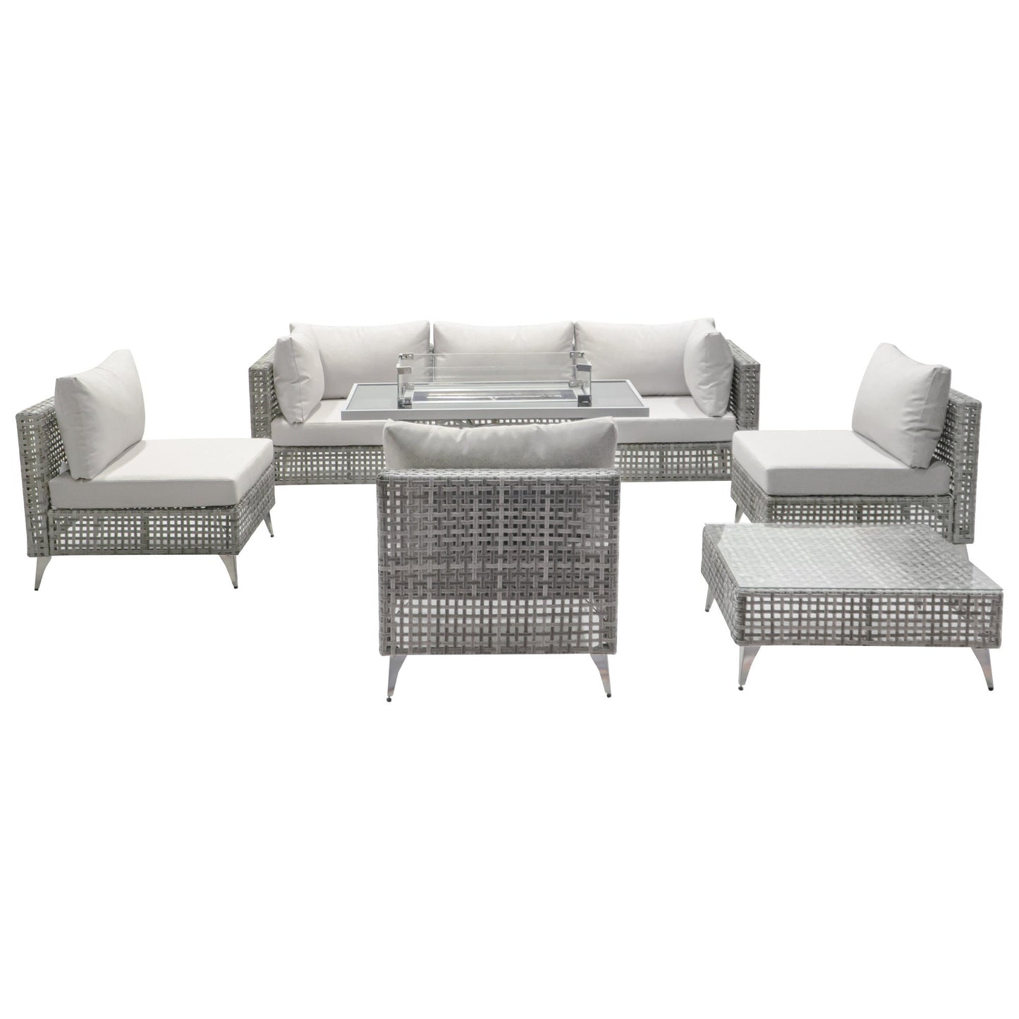 Outdoor Patio Set with Fire Pit Table Rattan Gray 8 Piece 60000 BTU