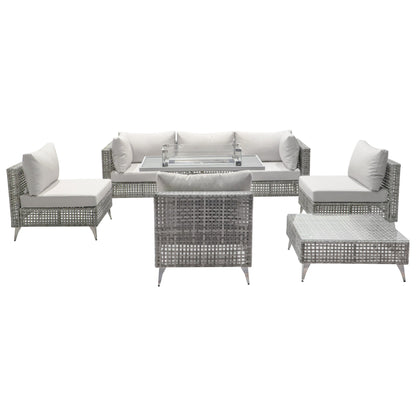 Outdoor Patio Set with Fire Pit Table Rattan Gray 8 Piece 60000 BTU