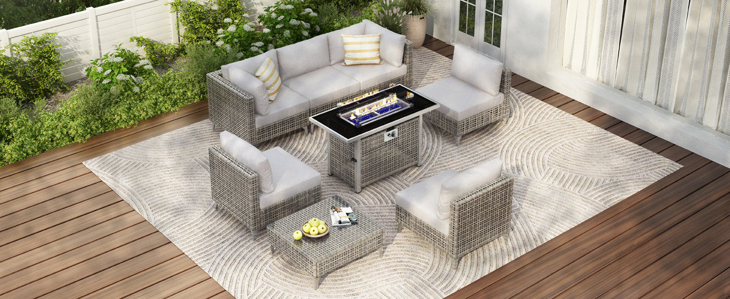 Outdoor Patio Set with Fire Pit Table Rattan Gray 8 Piece 60000 BTU
