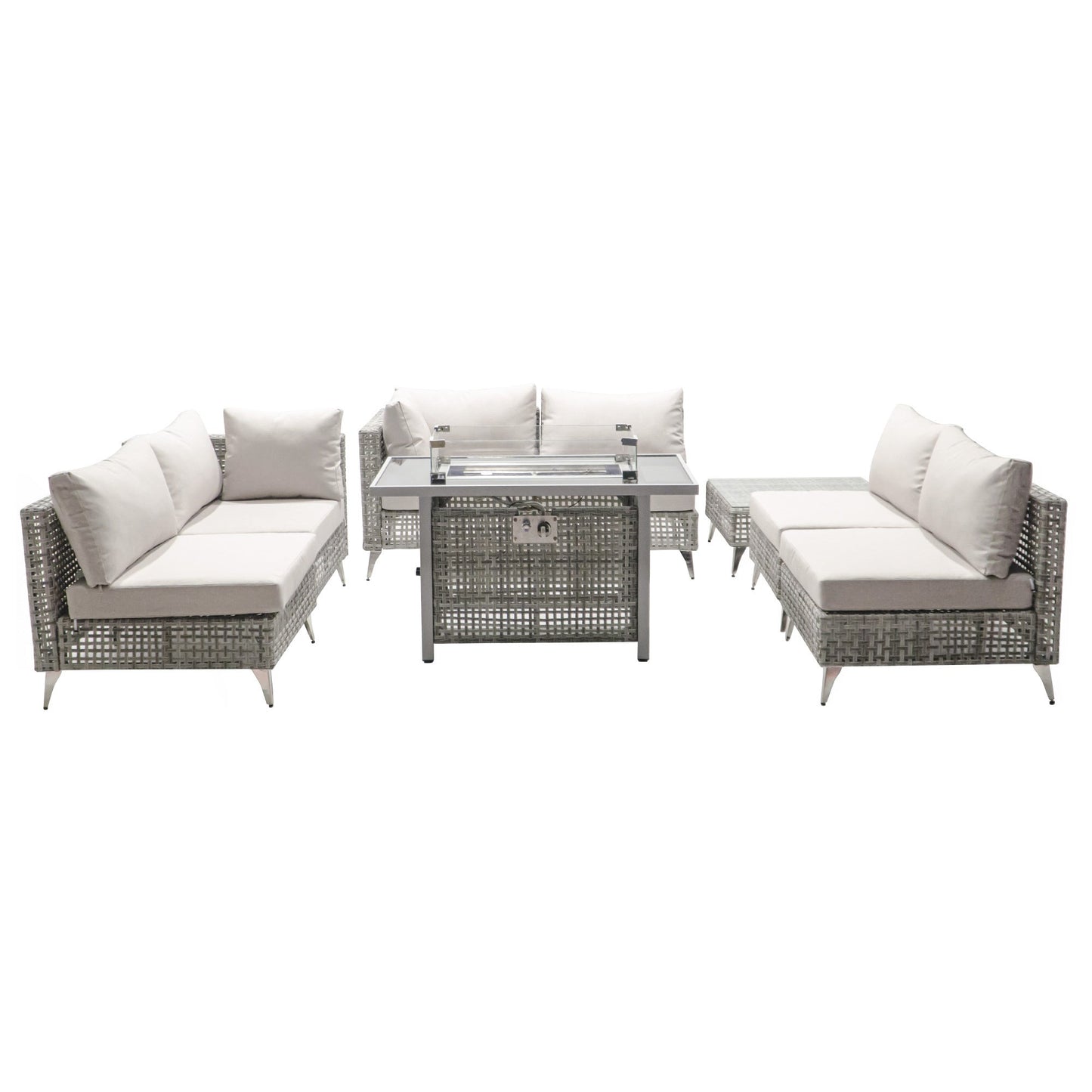 Outdoor Patio Set with Fire Pit Table Rattan Gray 8 Piece 60000 BTU