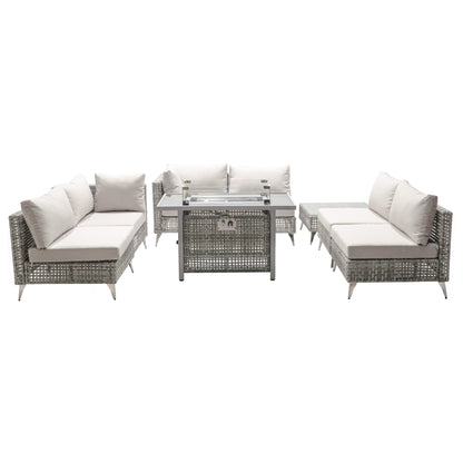 Outdoor Patio Set with Fire Pit Table Rattan Gray 8 Piece 60000 BTU