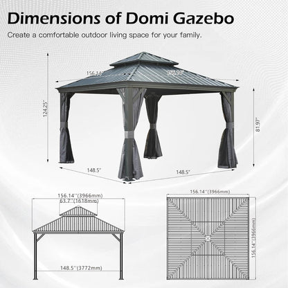 13x13FT Outdoor Hardtop Gazebo with Galvanized Steel Double Roof