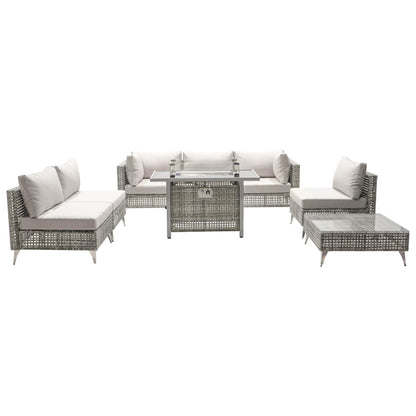 Outdoor Patio Set with Fire Pit Table Rattan Gray 8 Piece 60000 BTU