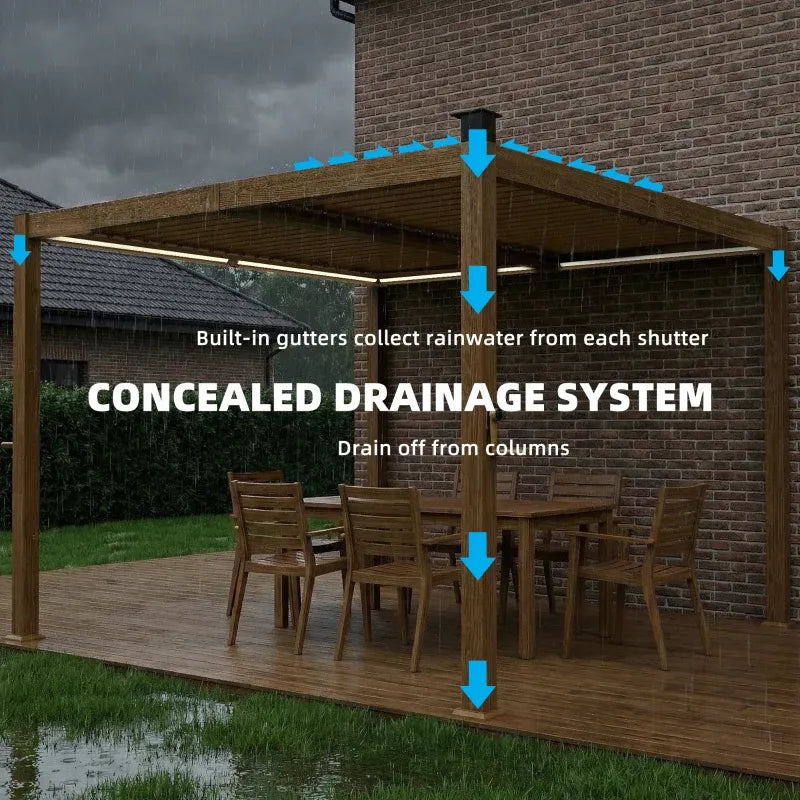 Pergola Louvered Metal Brown 9.8x9.8ft Solar LED Drainage