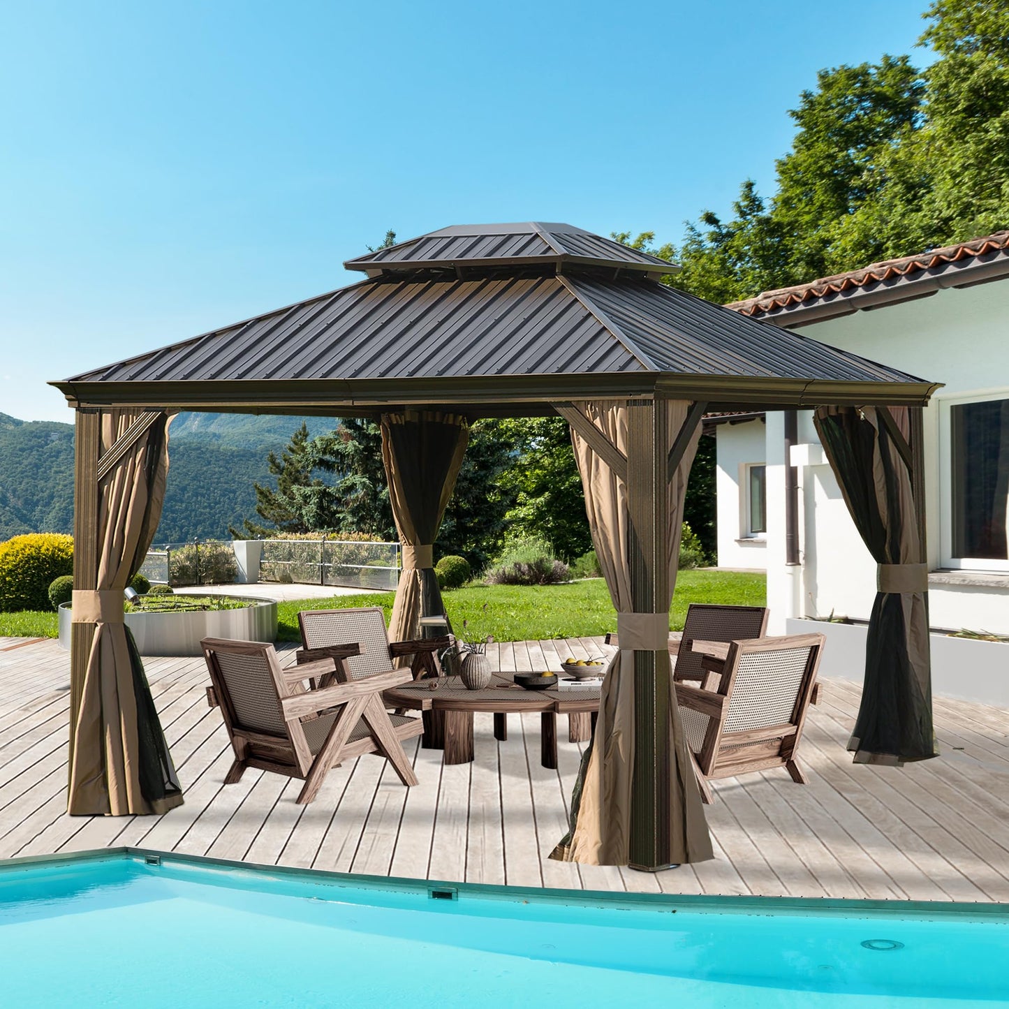 10' x 12' Hardtop Gazebo with Galvanized Steel Double Roof, Curtains, and Netting
