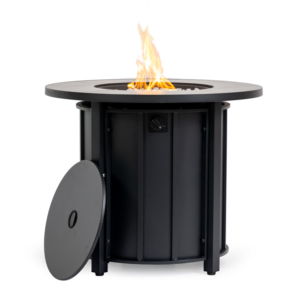 30" Propane Fire Pit Table | 50,000 BTU Round Steel Fire Table with Wood-Grain Ceramic Top & Rain Cover — Black