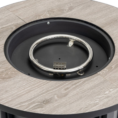 30" Propane Fire Pit Table | 50,000 BTU Round Steel Fire Table with Wood-Grain Ceramic Top & Rain Cover — Black
