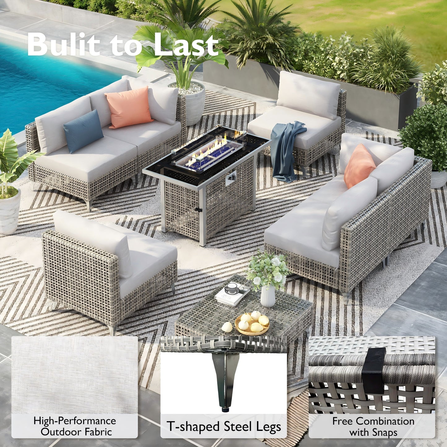 Outdoor Patio Set with Fire Pit Table Rattan Gray 8 Piece 60000 BTU
