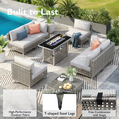 Outdoor Patio Set with Fire Pit Table Rattan Gray 8 Piece 60000 BTU