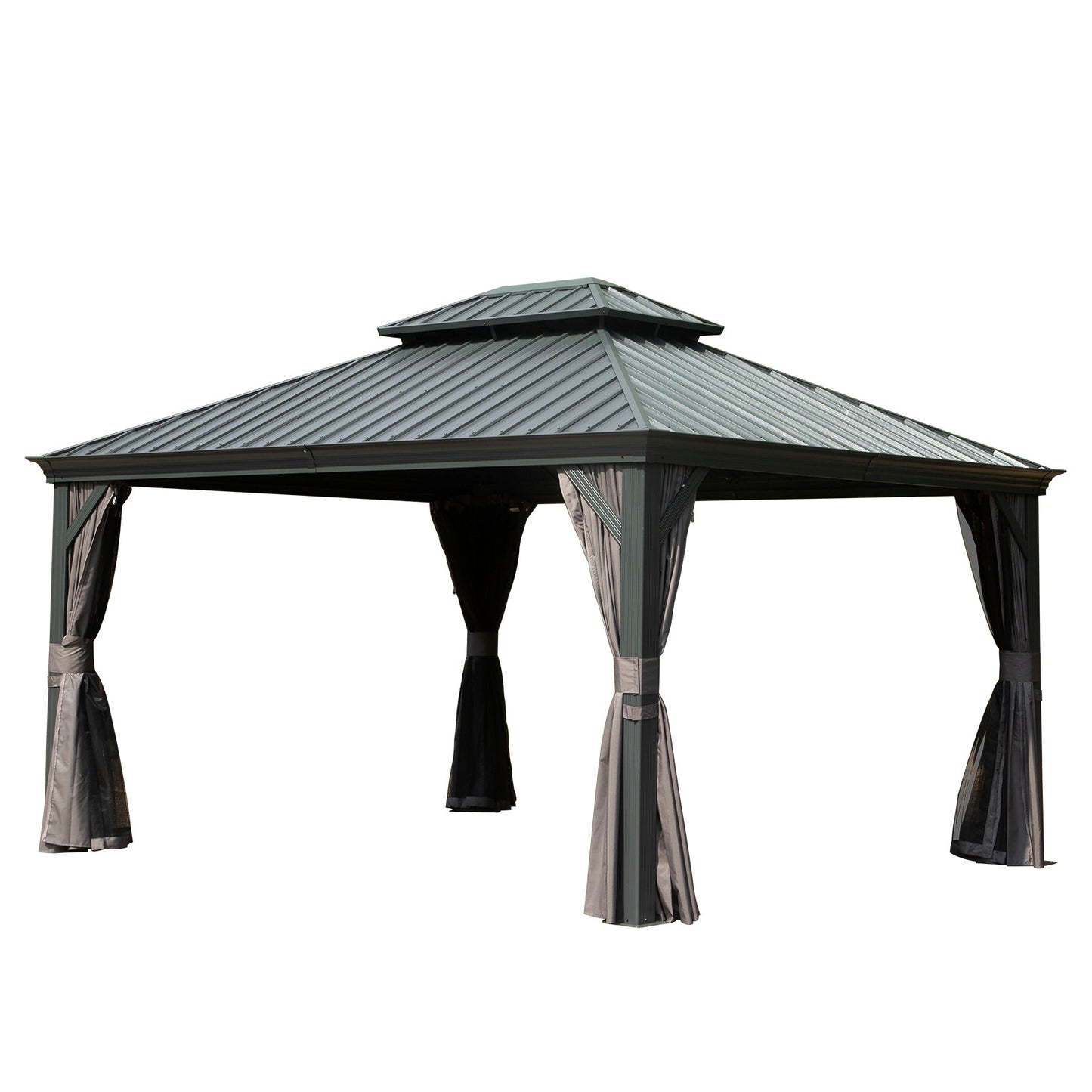 10' x 12' Hardtop Gazebo Outdoor Metal Gazebo with Galvanized Steel Double Roof Canopy, Aluminum Frame, Curtains and