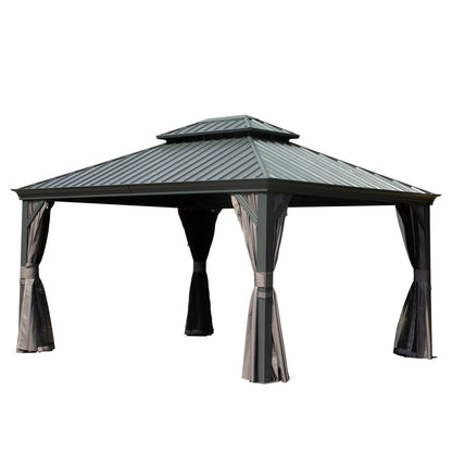 10' x 12' Hardtop Gazebo Outdoor Metal Gazebo with Galvanized Steel Double Roof Canopy, Aluminum Frame, Curtains and