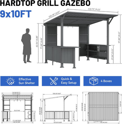 9X10FT Hardtop Grill Gazebo with Storage Shelves and Expansion Platform