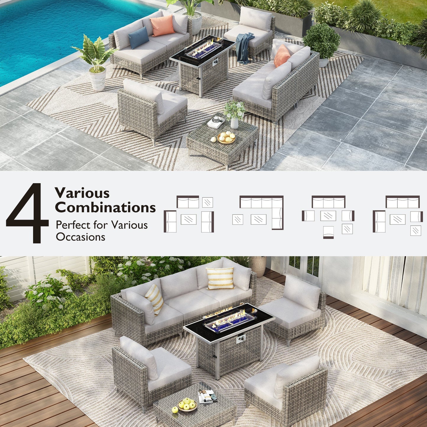 K&K Patio 8-Piece Patio Furniture Set with 43" Fire Pit Table
