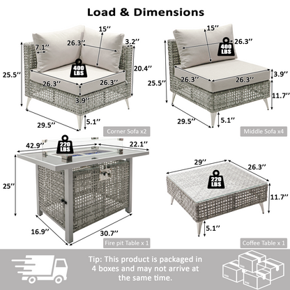 Outdoor Patio Set with Fire Pit Table Rattan Gray 8 Piece 60000 BTU