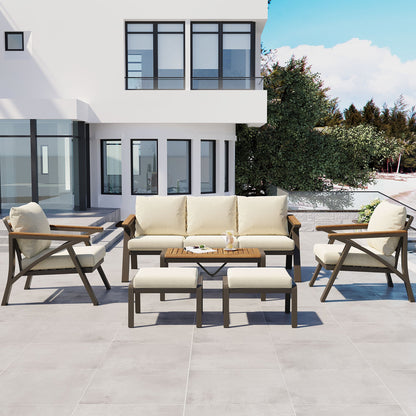 6-Piece Outdoor Patio Furniture Set with Steel Frame Sofa & Acacia Wood Table