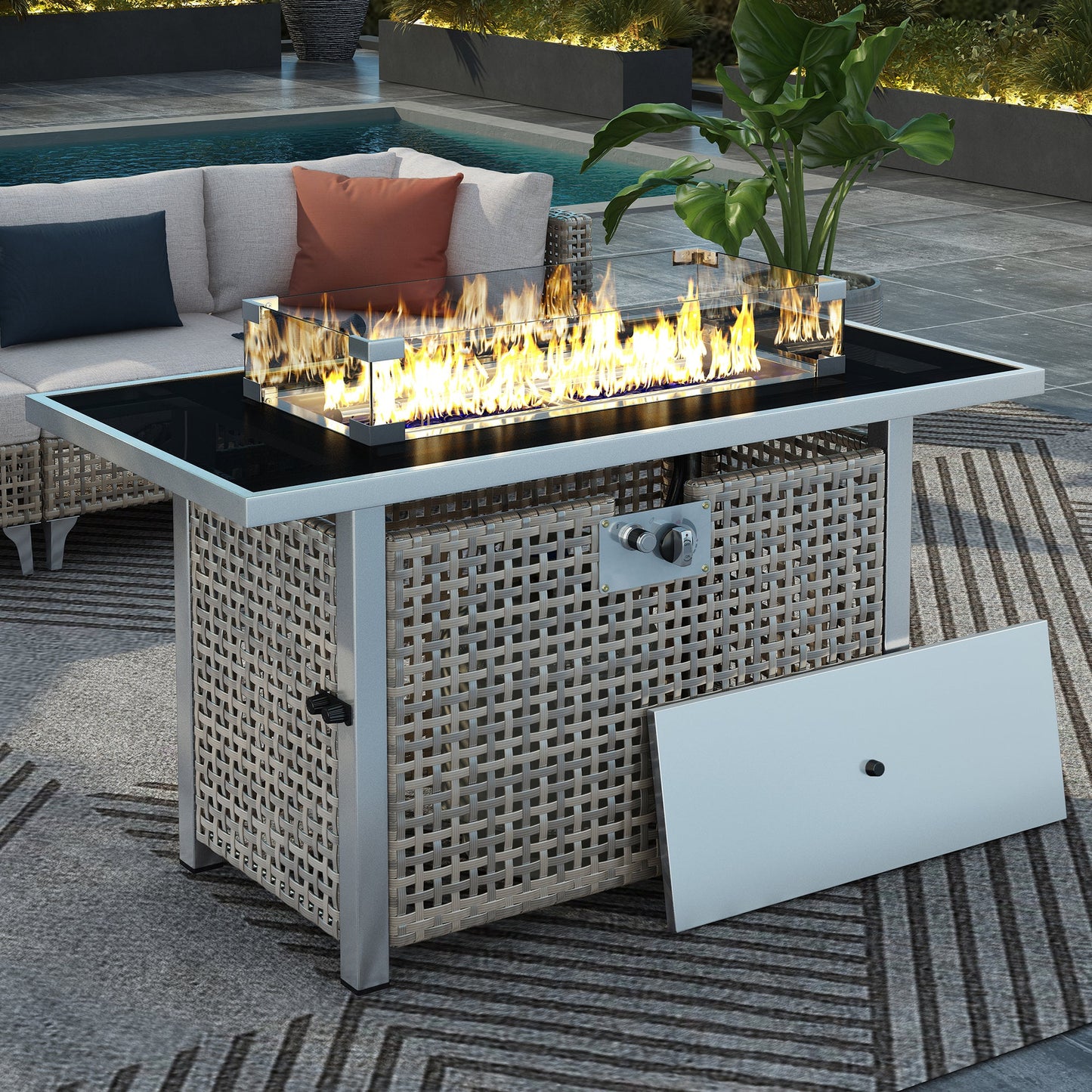 Outdoor Patio Set with Fire Pit Table Rattan Gray 8 Piece 60000 BTU