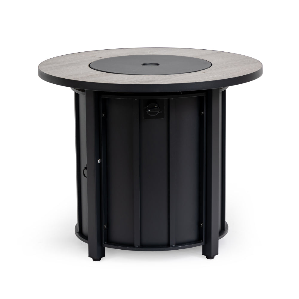 30" Propane Fire Pit Table | 50,000 BTU Round Steel Fire Table with Wood-Grain Ceramic Top & Rain Cover — Black