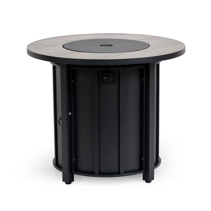 30" Propane Fire Pit Table | 50,000 BTU Round Steel Fire Table with Wood-Grain Ceramic Top & Rain Cover — Black