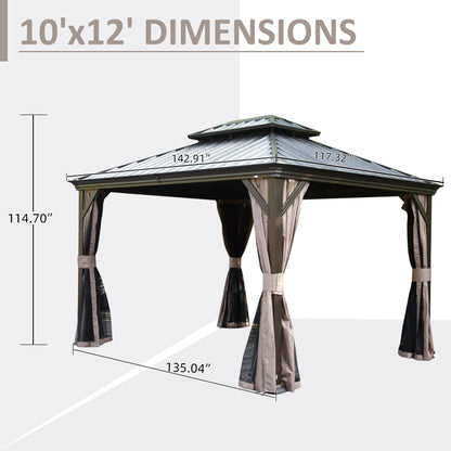 10' x 12' Hardtop Gazebo with Galvanized Steel Double Roof, Curtains, and Netting