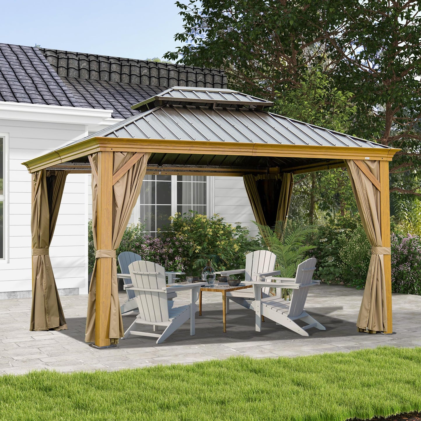 10' x 14' Hardtop Gazebo with Galvanized Steel Double Roof and Wood Grain Frame