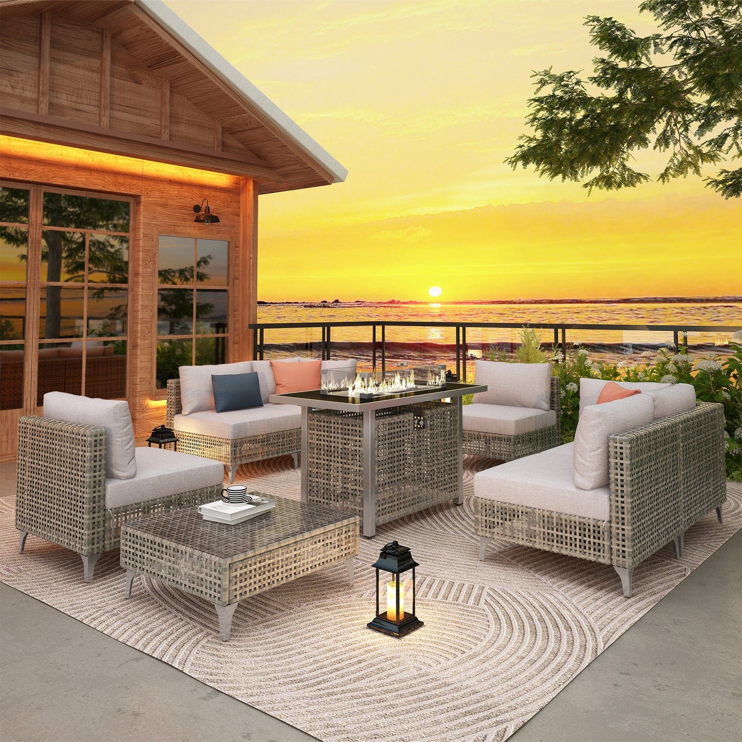 K&K Patio 8-Piece Patio Furniture Set with 43" Fire Pit Table