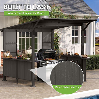 9X10FT Hardtop Grill Gazebo, Lean To Outdoor BBQ Gazebo with Storage Shelves and Expansion Platform