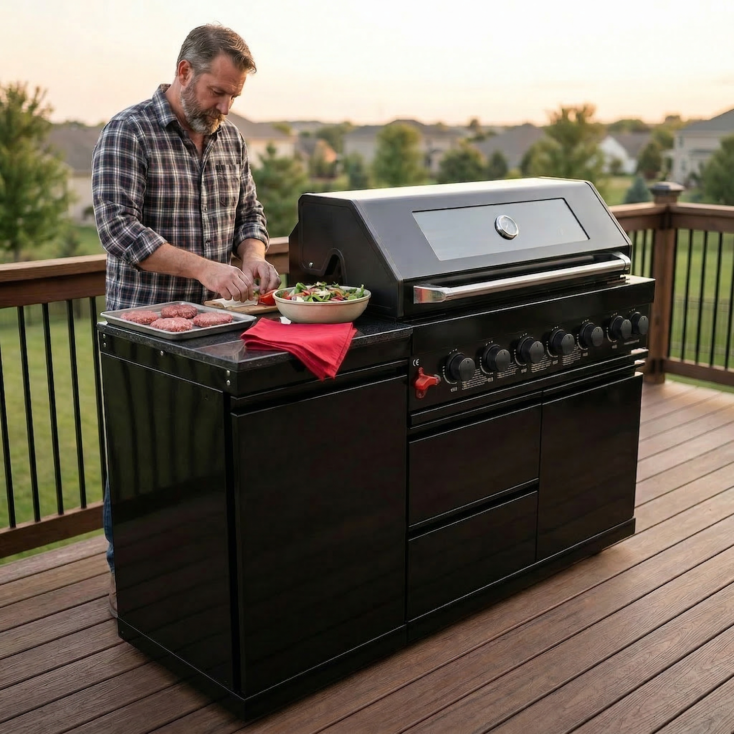 63" 6-Burner 85,000 BTU Black Outdoor Kitchen Island Grill + Marble Countertops