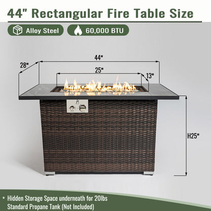 44" Propane Fire Pit Table | 50,000 BTU Rectangular Wicker Fire Table with Marble Tile Top & Glass Windscreen — Brown