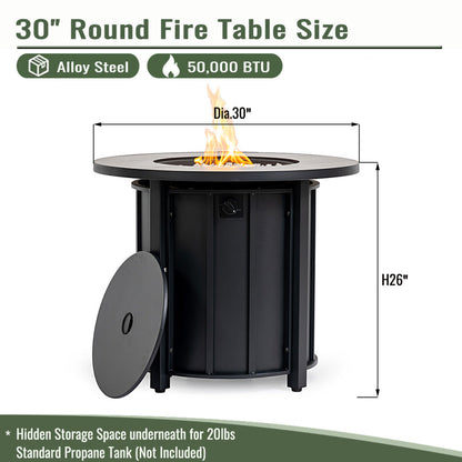 30" Propane Fire Pit Table | 50,000 BTU Round Steel Fire Table with Wood-Grain Ceramic Top & Rain Cover — Black