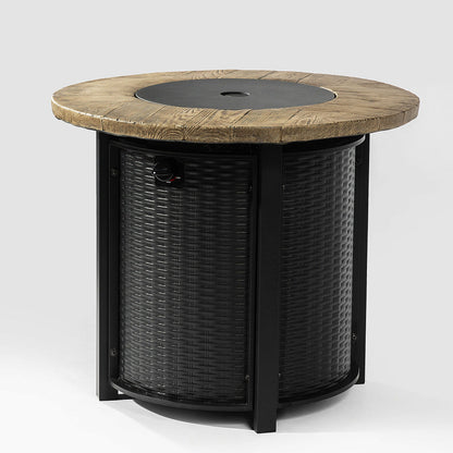 30" Propane Fire Pit Table | 50,000 BTU Round Steel Fire Pit with Wood-Grain Finish & Glass Stones
