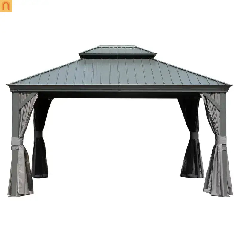 Hardtop Gazebo Aluminum Gray 10x14ft Galvanized Steel with Curtains