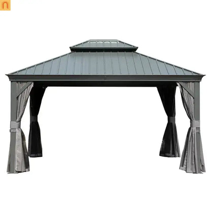Hardtop Gazebo Aluminum Gray 10x14ft Galvanized Steel with Curtains