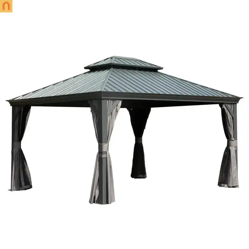 Hardtop Gazebo Aluminum Gray 10x14ft Galvanized Steel with Curtains