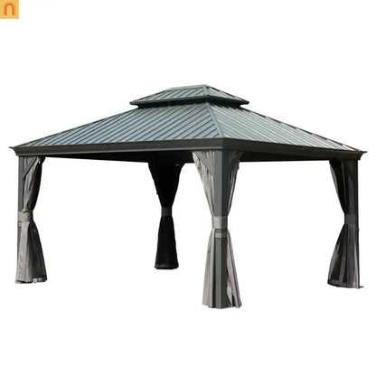 Hardtop Gazebo Aluminum Gray 10x14ft Galvanized Steel with Curtains