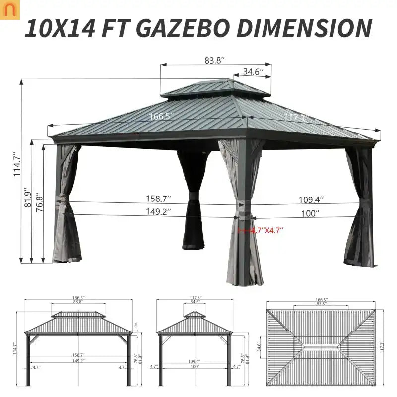 Hardtop Gazebo Aluminum Gray 10x14ft Galvanized Steel with Curtains