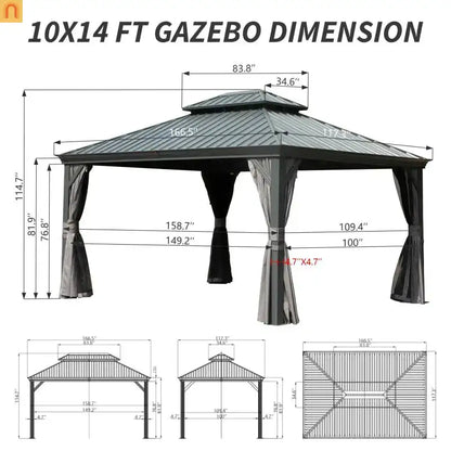Hardtop Gazebo Aluminum Gray 10x14ft Galvanized Steel with Curtains