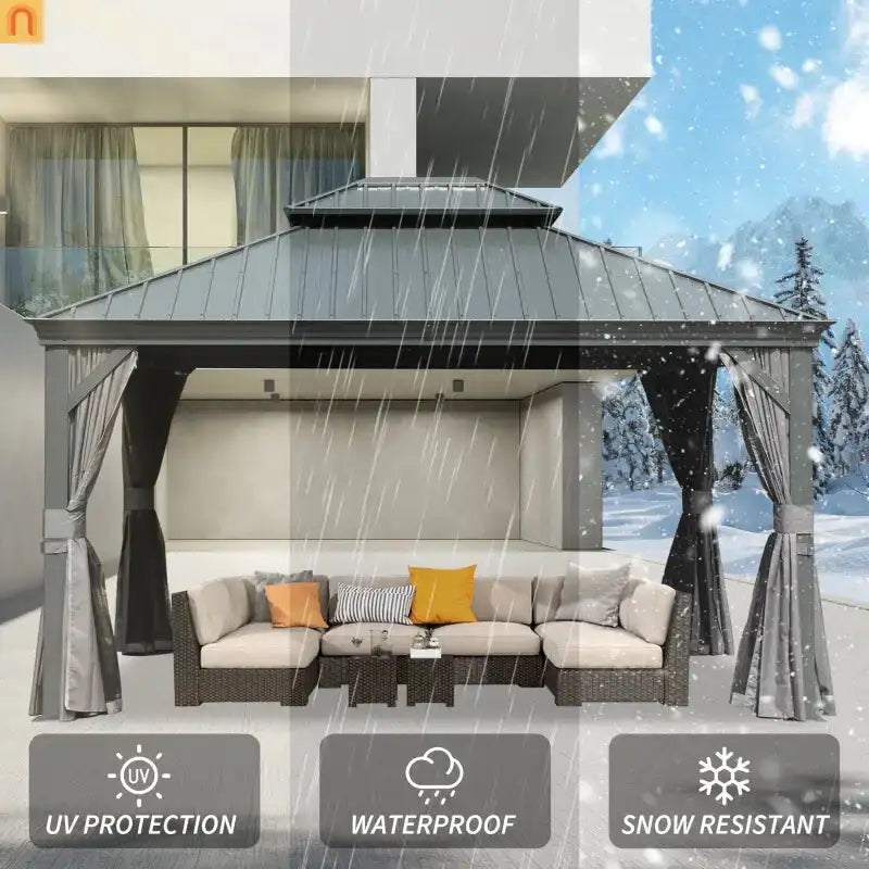 Hardtop Gazebo Aluminum Gray 10x14ft Galvanized Steel with Curtains
