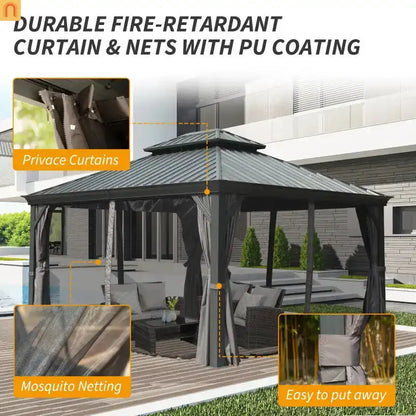 Hardtop Gazebo Aluminum Gray 10x14ft Galvanized Steel with Curtains